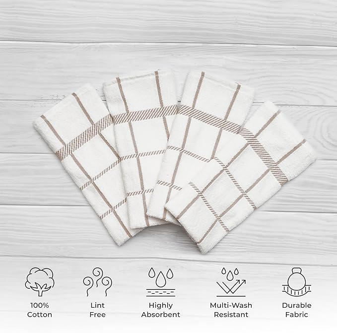 100% Cotton Terry Dish Towels, 4 Pack Checks, 16 x26 Inches, Super Soft and Absorbent Kitchen Towels, Perfect for Kitchen Cleaning and Dish Washing | Tan