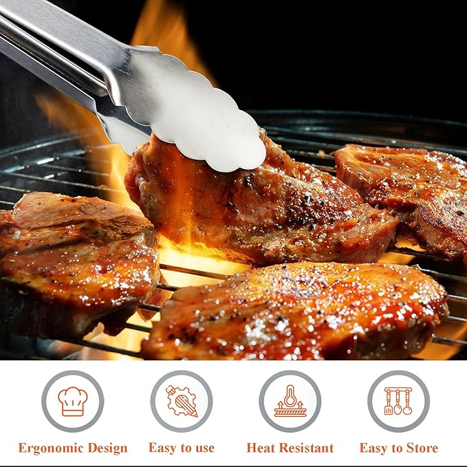 Tongs for Cooking, 9-Inch Stainless Steel Kitchen Tongs, Locking Metal Food Tongs with Silicone Non-Slip Grip, Kitchen Utensils for Food, Salad and Outdoor BBQ (Set of 4)