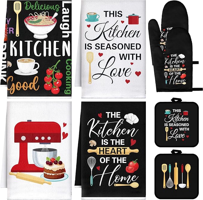 Leinuosen 8 Pcs Cuisine Kitchen Decor Accessories Set Farmhouse Towels Oven Mitts Pot Holders Dishcloths Set Kitchen Decorative Absorbent Gloves Potholders for Chef Baking Cooking