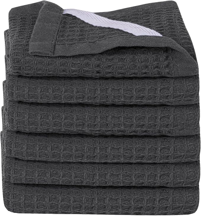 WHITEWRAP Premium Cotton Classic Waffle Weave Kitchen Dish Cloths, 12x12 Inch Ultra Absorbent Lint-Free Dish Towels, Fast Drying Dishcloths for Washing Dishes, 6 Pack, Grey