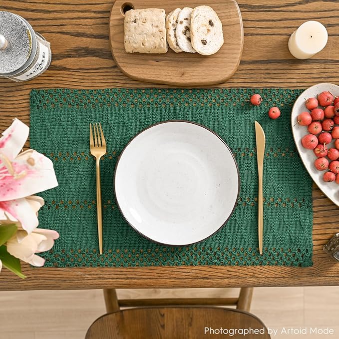 Artoid Mode Dark Green Farmhouse Woven Rustic Hollow Placemats Set of 4,12x18 Inch Seasonal Holiday Table Mats Party Kitchen Dining Decoration