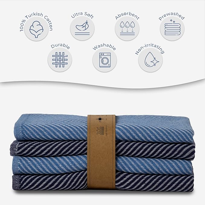 Ossano Extra Soft Kitchen Hand Towels - 4 Pack, (20" x 30") - Large & Cozy - Versatile as, Turkish Dish Towels, Large Kitchen Towels, Dish Towel for Drying, Bathroom Hand Towels, Denim and Dark Blue