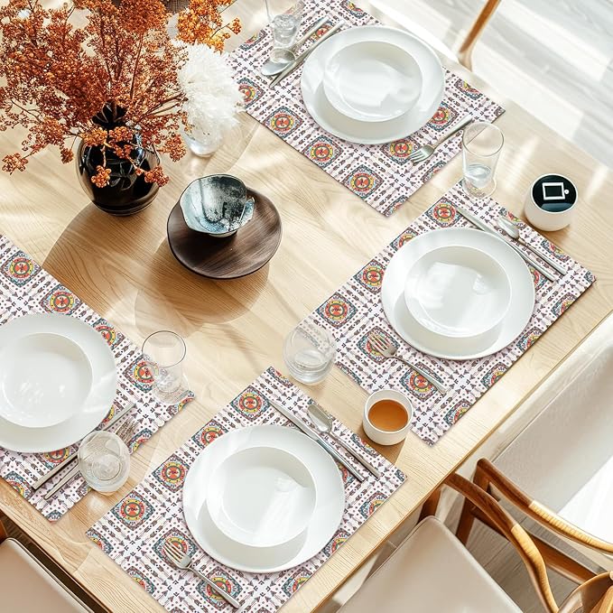 Cotton Linen Waterproof Placemats Set of 4, Boho Style Colorful Dining Mat Table Mats Decor Fabric for Kitchen Dinner Coffee Shop Table, Indoor/Outdoor Washable Wipeable Place Mat -N016