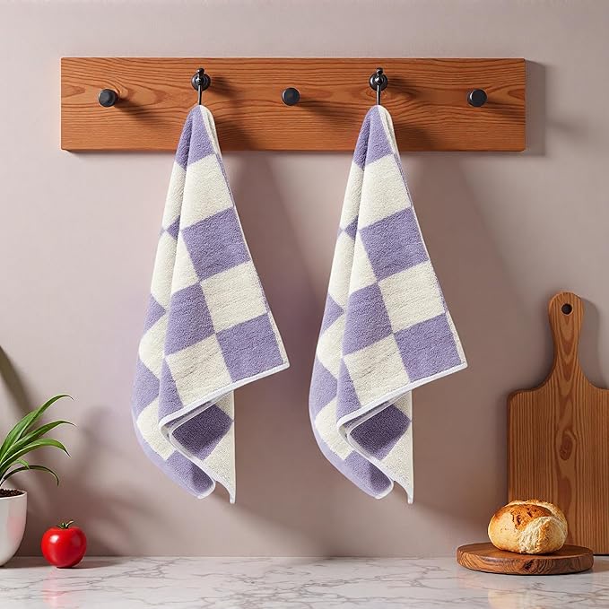 Madi-Cadi 100% Cotton Checkerboard Towels Set of 2, Farmhouse Kitchen & Guest Bathroom Towels, 13 x 29 Inches, Highly Absorbent Lint-Free Dish & Hand Towels with Double-Stitched Hems(Lavender)