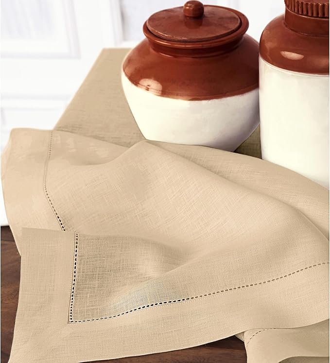 Solino Home Linen Napkins Set of 4 - Classic Hemstitch 100% Pure Linen Beige Dinner Napkins Cloth 20 x 20 Inch for Spring, Summer, Mothers Day - Handcrafted and Machine Washable