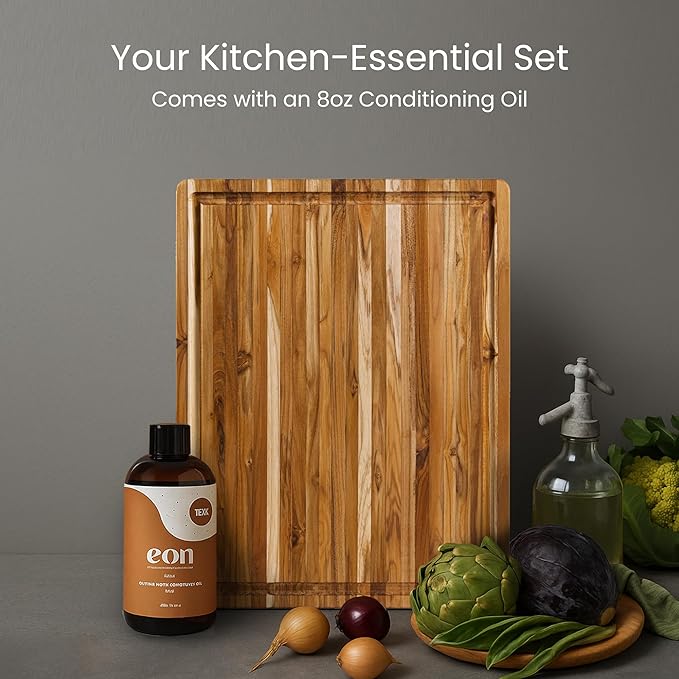 Teakhaus Carving Board and Cutting Board Oil Set - Includes Large (L) Wood Cutting Board with Juice Groove and EON Food Grade Mineral Oil - Knife-Friendly - FSC Certified