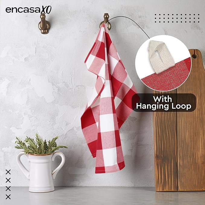 Encasa XO Cotton Kitchen Towel Set | Hand and Tea Cloth for Cleaning & Quick Drying, X-Large 28"x18" (Pack of 4) Highly Absorbent - Buffalo Red Checks