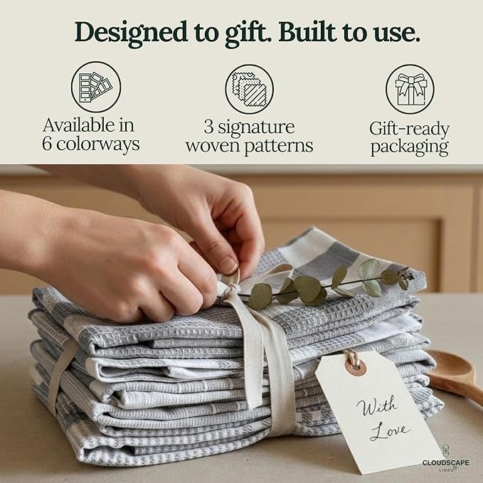 CLOUDSCAPE Kitchen Towels Set of 6 : Cotton-Blended Dish Cloths, Waffle Weave Quick-Drying Dish Towels for Kitchen Essentials, Highly Absorbent, Durable 18”x28” Hand Towels with Hanging Loop - Grey