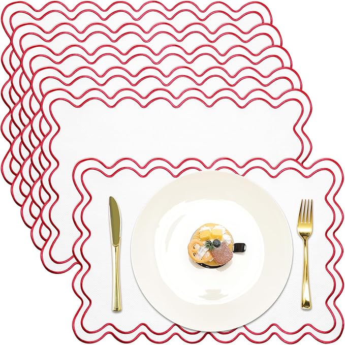 HunnmingRe Set of 6 Cotton Linen Placemats, 13x19 Inch Scalloped Wavy Embroidery Placemat Double Layered Washable Rustic Rectangle Dinner Table Mats for Wedding Home Decor(White with Red)