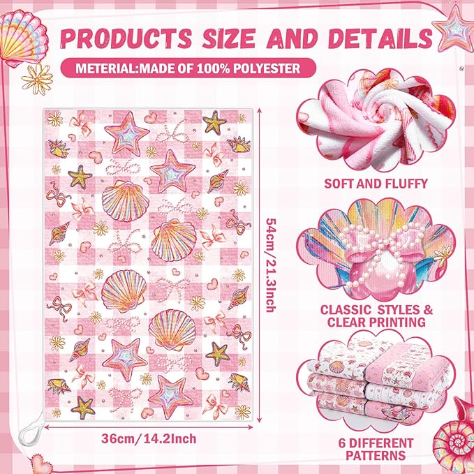 Breling Set of 6 Pink Beach Kitchen Towels Coastal Beach Dish Towel Bathroom Decorative Seashell Bow Rustic Hand Cloths for Kitchen Bathroom Home Cooking Housewarming Gifts, 14 x 21 Inch