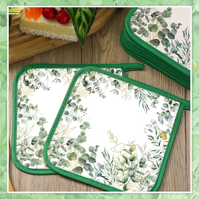 Bencailor 12 Pcs Pot Holders with Pocket Kitchen Hot Potholders Hot Pad Oven Mitts Cookie Bag Oven Gloves for Kitchen Gift Baking Cooking (Leaves)