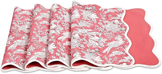 CPC Cotton Placemats Pink Coral Set of 4-Hand Block Printed Reversible Placemats, Flower Scalloped & Embroidered Cloth Table Mats - 14 x 20 inch Gift for Spring, Mother's Day