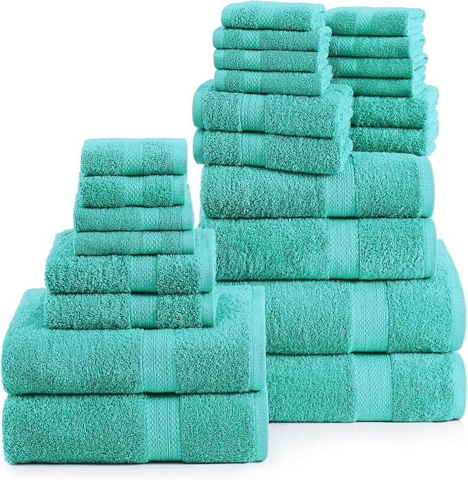 LANE LINEN 24 PCs 100% Cotton Bath Towels Set - Quick Dry, Ultra Soft & Ultra Absorbent - 4 Bath, 4 Fingertip, 6 Hand Towels, 8 Washcloths, 2 Bath Sheets - Home & Guest Bathroom Towels - Teal