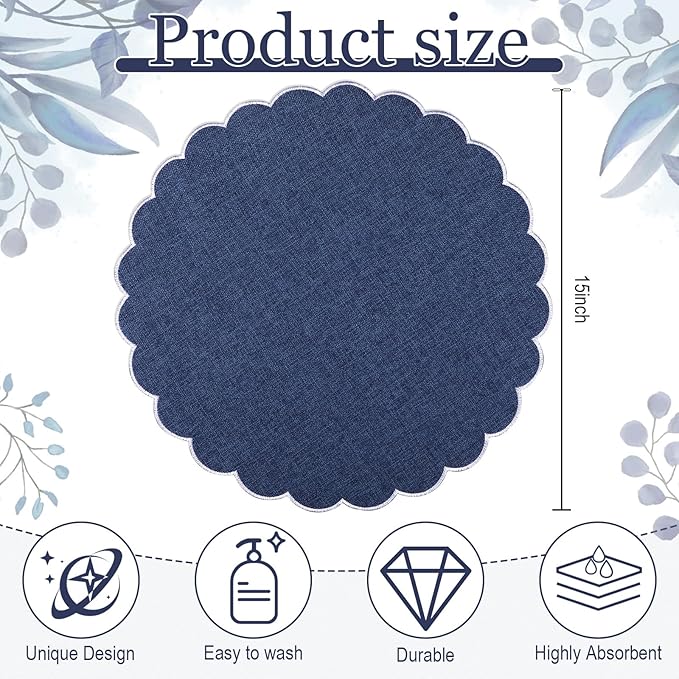 Set of 6 Round Placemats 15 Inch Cotton Scalloped Embroidery Placemat Washable Double Layered Rustic Dinner Table Mat Decor Fabric for Hotel Restaurant Kitchen(Navy Blue/White,Classic)