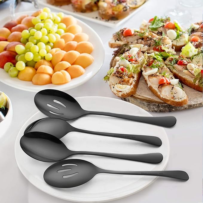 LIANYU 6-Piece Black Serving Spoons, Black Slotted Spoons, Stainless Steel Serving Utensils for Party Buffet Restaurant Banquet Dinner Catering, 8 3/4 Inch, Dishwasher Safe