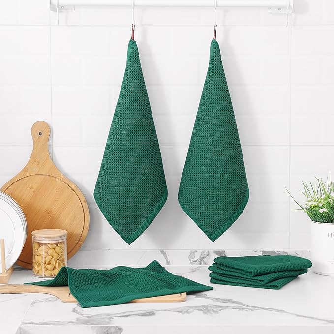 Kitinjoy 100% Cotton Kitchen Dish Cloths (12 X 12 Inches, Dark Green), 12 Pack Waffle Weave Ultra Soft Absorbent Dish Towels for Drying Dishes Quick Drying Kitchen Towels Dish Rags