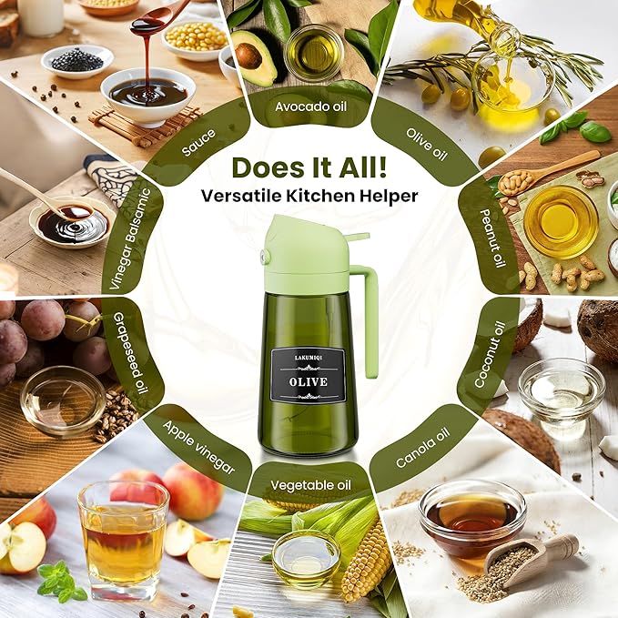LAKUMIQI 2 in 1 Oil Sprayer for Cooking, 16oz Olive Oil Dispenser Bottle for Kitchen, Food Grade Light-Blocking Leak Proof Glass Spray Bottle for Salad, Air Fryer, BBQ