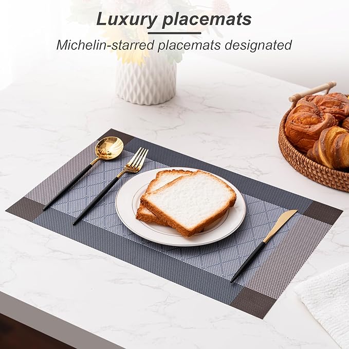 CADONO Placemats Set of 4 Washable Indoor/Outdoor Vinyl Place Mats for Dining Table Durable Non-Slip Heat Resistant PVC Weave Table Mats（Rhombus-Blue）