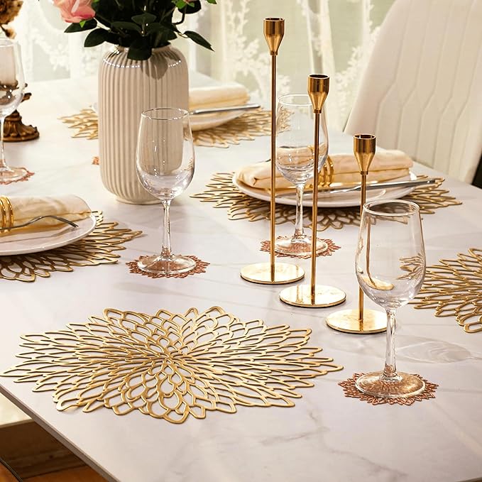 Snowkingdom 6 Pack Gold Placemats Metallic Pressed Vinyl Round Leaf Plastic Dinning Table Place Mats Fancy Decorative for Wedding Christmas Thanksgiving Holiday Spring Outdoor