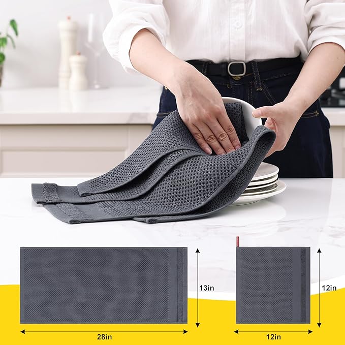 Homaxy Kitchen Towels and Dishcloths Set, 12 x 12 and 13 x 28 Inches, Set of 10 100% Cotton Waffle Weave Kitchen Towels, Super Soft and Absorbent Dish Cloths, Dark Grey