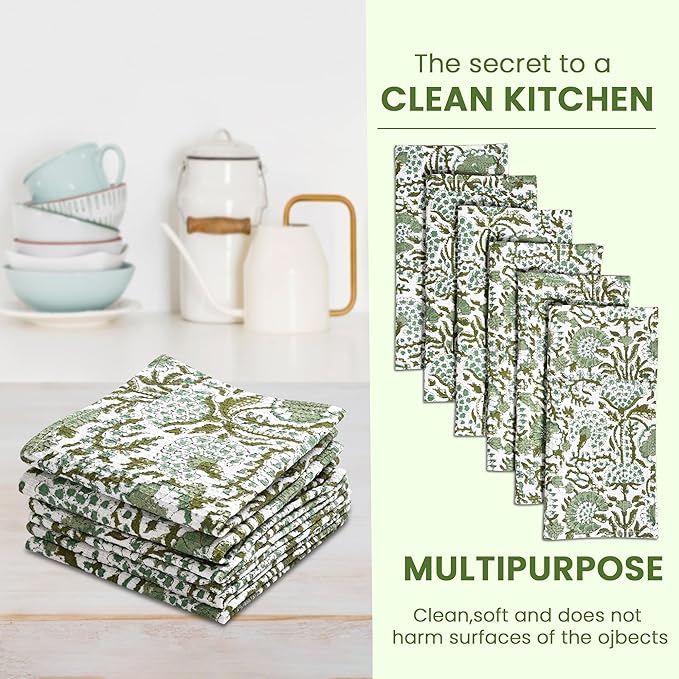 CPC Agate Green Hand Block Printed Cotton Waffle Dish Cloth Set of 6-12x12 Inch Super Absorbent, Soft, Reusable Kitchen Towels for Dish Drying & Cleaning Ideal for Spring, Mother's Day