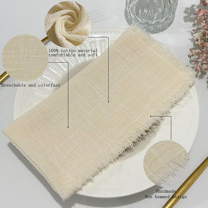 24Pack Ivory Cloth Napkins 17x17Inch Ivory Napkins Cloth with Fringe Soft Cotton Cloth Napkins Washable Rustic Dinner Napkins Cloth for Wedding Party Dinner Table