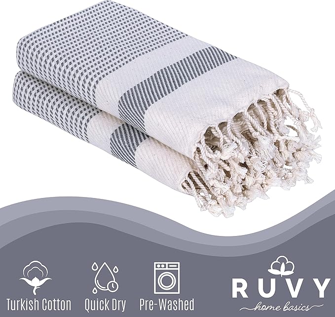 Ruvy Home Basics Turkish Hand Towels for Bathroom Set of 4 | 18"x40", Cotton | Decorative Towel for Bathroom, Kitchen, Dishcloth, Tea, Yoga, Face, Gym - Light Grey