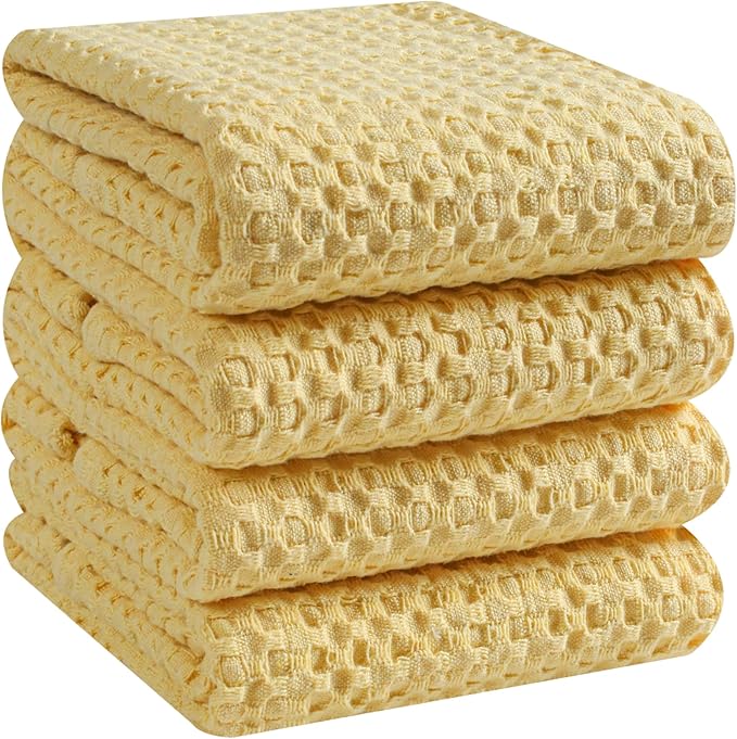 Native Fab 4-Pack Premium Waffle Kitchen Towels with Hanging Loop 16x26 inches, Soft Absorbent, Cotton Dish Towels for Cleaning Drying Dishes, Yellow