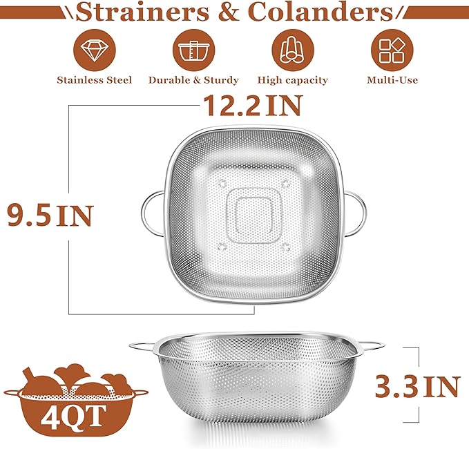 E-far 4QT Square Stainless Steel Colander - Metal Strainer with Handle for Draining Pasta & Vegetables, Micro-Perforated & Elevated Feet, Dishwasher Safe