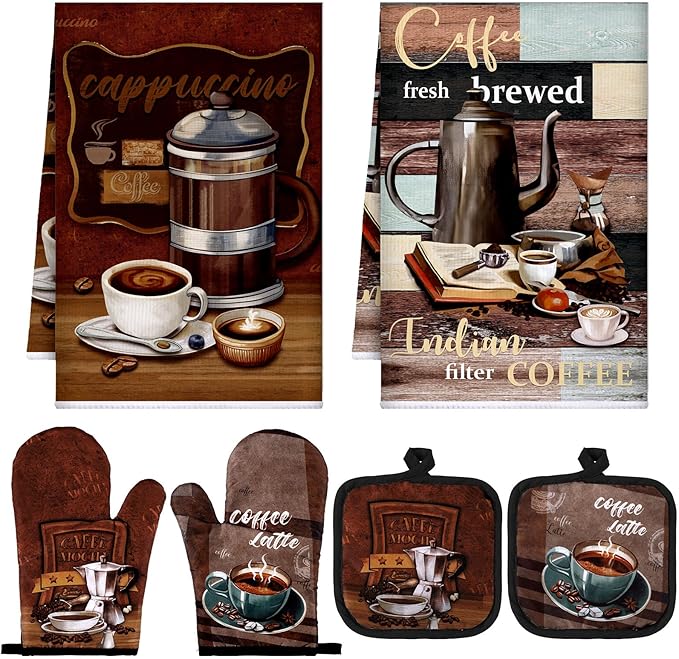 Jingmore 6 Pcs Kitchen Decor Set Accessorie Farmhouse Kitchen Towels Pot Holders Oven Mitts Set 2 Dish Towels 2 Pot Holders 2 Cooking Mittens Oven Glove for Cooking(Dark Brown,Coffee)