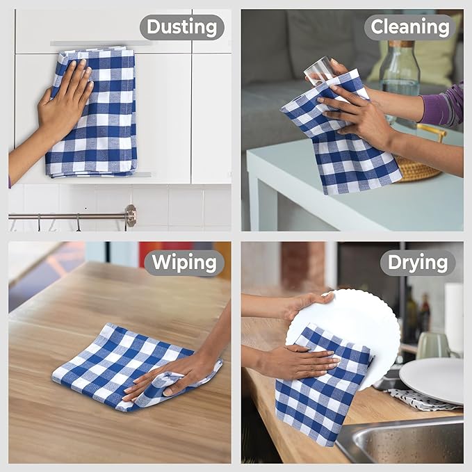 Urban Villa Kitchen Towels 100% Cotton Dish Towels for Kitchen (Set of 6) 20”x30” Dish Cloths Highly Absorbent Kitchen Linen Set with Hanging Loop Perfect for Drying Dishes Cleaning – Blue/White
