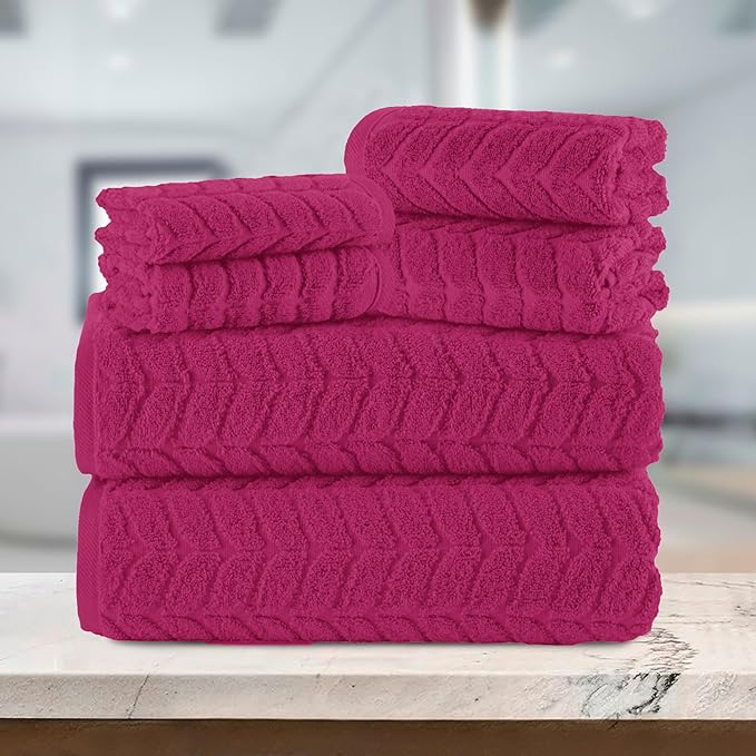 Elegant Comfort Luxury 6-Piece 100% Turkish Cotton Jacquard Braided Textured Premium Hotel Quality Towel Set– Soft and Absorbent, Includes 2 Bath Towels, 2 Hand Towels and 2 Washcloths, Hot Pink