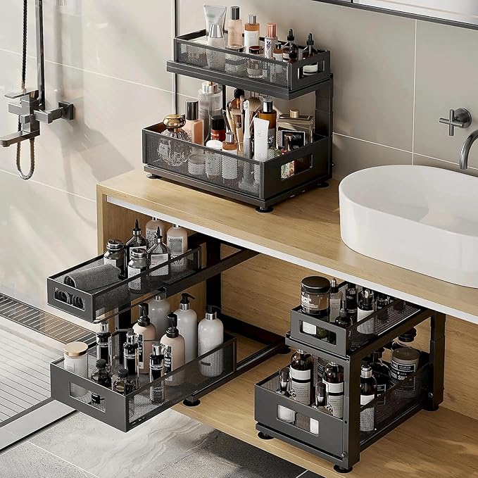 2 Pack Under Sink Organizer with Next-Gen Ball-Bearing Slides,2-Tier Pull Out Cabinet Storage,Height Adjustable Drawer Shelf for Bathroom,Kitchen,Laundry,Cabinet,Pantry(Patent Pending)