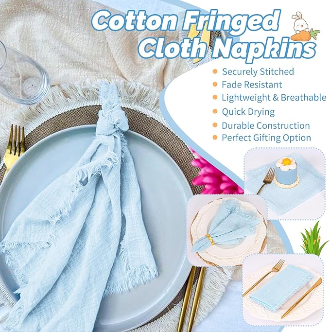 Showgeous 10 Pack Light Blue Cloth Napkins with Fringe 16x16 inch 100% Cotton Blue Napkins Handmade Dinner Napkins Bulk Washable Soft Rustic Table Napkins for Wedding Parties Bridal Baby Shower