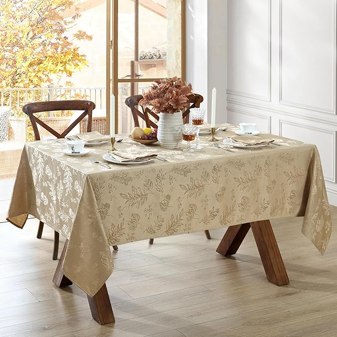 Elrene Home Fashions Elegant Woven Leaves Jacquard Damask Wrinkle Resistant Tablecloth, 60" x 120", Oblong, Taupe