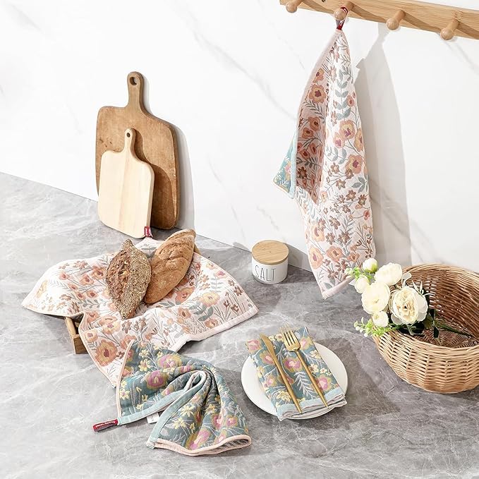 Kitchen Towels 100% Cotton Pack of 8, Highly Absorbent Quick Drying Super Soft Dish Towels for Kitchen with Hanging Loop Hand,Tea Towels 8 Pack,Floral Pattern- 16x15 Inch