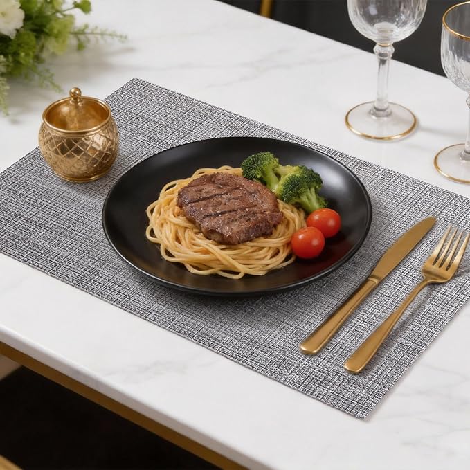 Timeet Placemats Set of 8, Heat Resistant Non-Slip Place Mats, Durable Washable PVC Vinyl Woven Table Mats, Linen Textured Table Placemats for Dining Kitchen Resistant Easy to Clean(Gray)