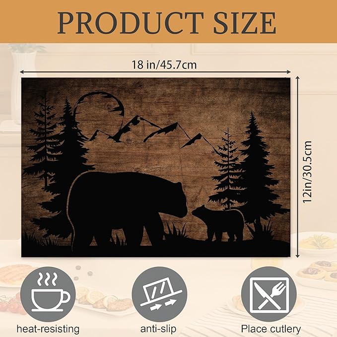 Bear Lodge Placemats Set of 6,Washable Heat Resistant 12×18 Inch Table Mats Farmhouse Place Mats for Outdoor & Camping Lodge Cabin Decor