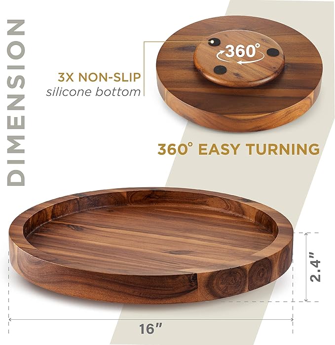 TIDITA 16" Acacia Wood Lazy Susan for Table Top - Wooden Turntable Serving Tray for Charcuterie Boards Cheese Board - Extra Large Black Round Lazy Susan Organizer - Kitchen Revolution for Cabinet