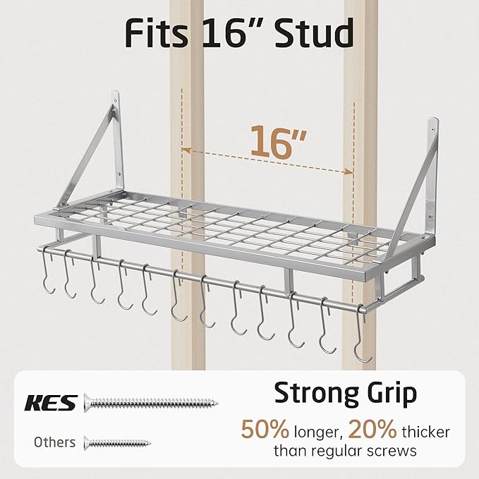 KES 30-Inch Silver Gray Pot Rack, Wall Mounted Hanging Pot and Pan Organizer with 12 Sturdy Hooks, Kitchen Wall Hanger Shelves Modern, KUR215S75A-SG