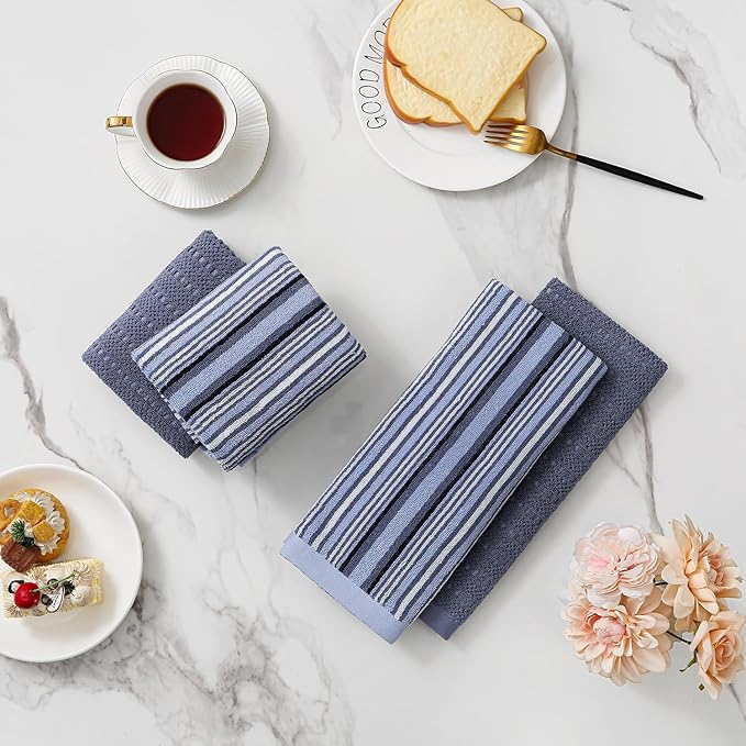 Kitchen Dish Towels for Drying Dishes, Large Cotton Kitchen Towels, Stripped Terry Dish Cloths, Thick Highly Absorbent Towel Sets with Hanging Loop, 16" X 26", 6 Packs, Blue and Solid Color