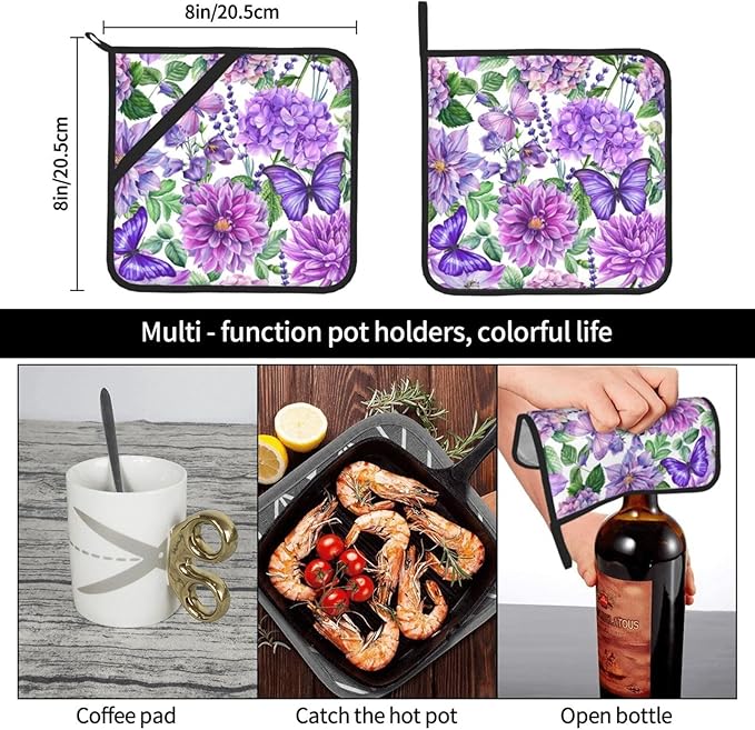 Pot Holders 2PCS Purple Flower Butterfly,Kitchen Heat Resistant Pot Holder for Women Men Home Cooking Baking Microwave BBQ Gifts