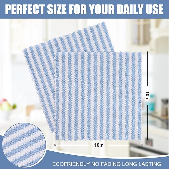 Homaxy 12 Pack Kitchen Dish Cloths, Ultra Soft and Absorbent Dish Towels, Reusable Fast Drying Microfiber Cleaning Cloth, Coral Velvet Wave Design No-lint, 10 x 10 inches, Blue