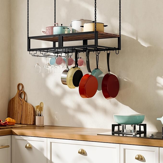 HOOBRO Hanging Pot Rack, Space-Saving Pot Hanger for Kitchen, Ceiling Pan Hanging Rack with 10 S-Shaped Hooks and 3 Dual-Prong Hooks, for Pot, Pan Storage,Space-Saving, Rustic Brown and Black BF78TL01