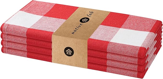 Native Fab Red Buffalo Check Cloth Napkins, Set of 4, 16"x16", Plaid Checkered Pattern, 100% Cotton, Soft, Absorbent, Reusable Table Napkins for Dinner, Wedding, Lunch, Cocktail, Everyday Use - Red