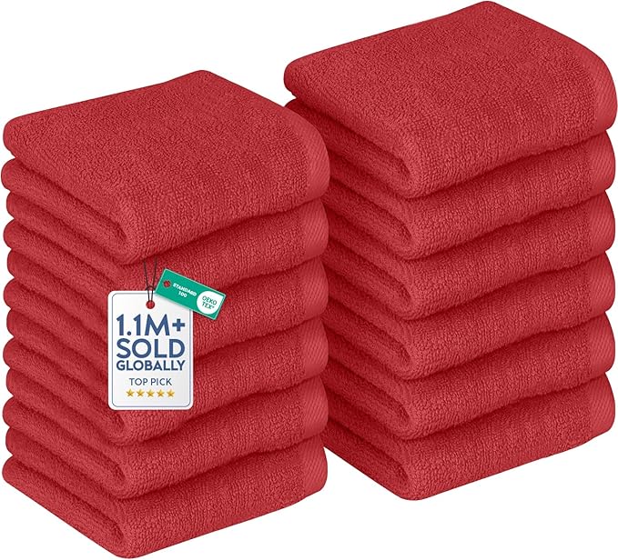 DAN RIVER 12 Pack Wash Cloths for Showering [12x12] - 100% Cotton Washcloths Premium Quality Flannel Face Cloths for Bathroom, Highly Absorbent and Soft Feel Wash Clothes, Red