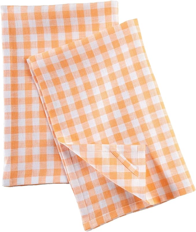 Solino Home Linen Kitchen Towels Set of 2 - Sunny Orange 17 x 26 Inch - 100% Pure Linen Gingham Check Kitchen/Tea Towels - Machine Washable and Handcrafted from European Flax