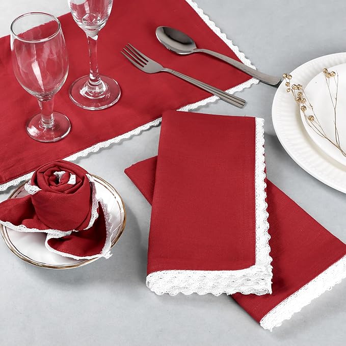 FINGERCRAFT Dinner Cloth Napkin Cotton Blend 4 Pack Vintage Rustic Premium Quality Mitered Corners Napkin Cloth with Elegant Lace for Everyday Use, Pre Shrunk and Good Absorbency 20x20 in Tango Red