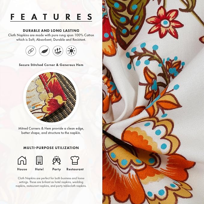 TARAN LIVING Napkins Fall Printed Cotton Cloth Napkin Reusable Boho Dinner Napkin Set Washable Dish Napkin for Gifts, Home Decor, Hotel, New Year Party - Kaveri - Set of 6, 20x20 Inches