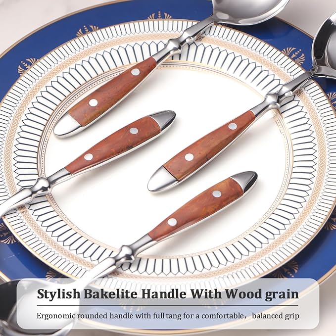 Soup Spoons，4Pcs Soup Spoons Set，Premium Stainless Steel 18/8 Spoons with Comfortable Bakelite Handle，Heavy-Weight Metal Round Spoons